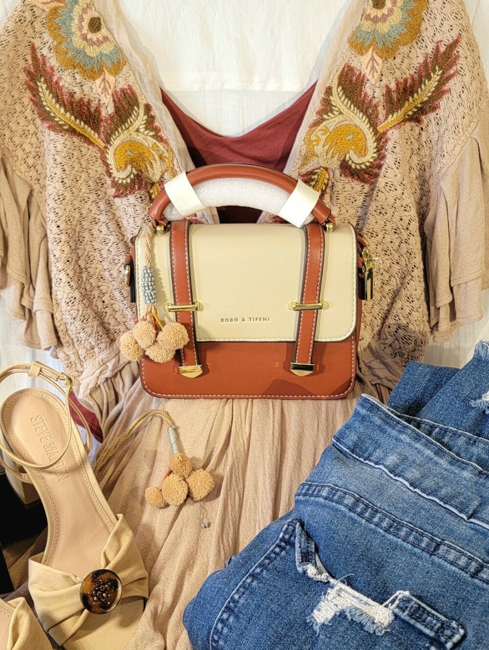 Robo & Tifeni Structured Satchel Crossbody Bag Cream/Cognac
